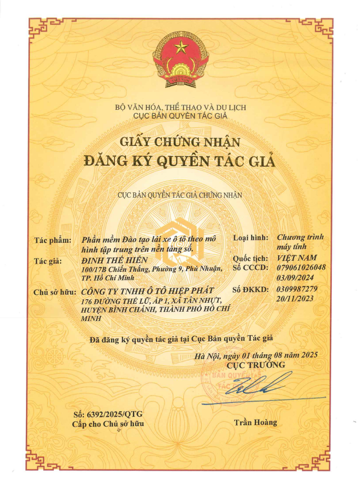 Giấy chứng nhận quyền tác giả phần mềm đào tạo lái xe