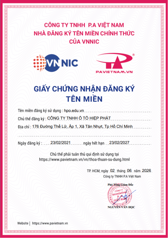 Giấy chứng nhận đăng ký tên miền hpo.edu.vn